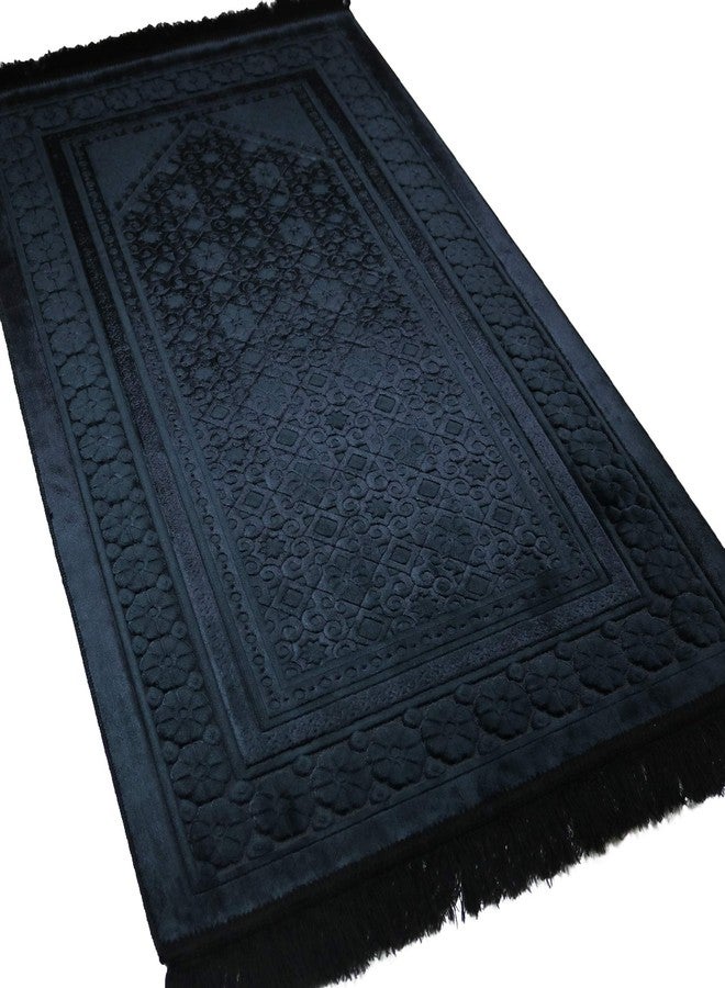 Modefa Velvet Prayer Rug - Soft Plush Turkish Janamaz Sajada Carpet for Men and Women - Plain Solid Prayer Mat Ramadan Eid Gift - with Prayer Beads - Luxury Floral Stamp (Black) - Image 1